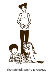 cute pregnancy mother with little kids characters