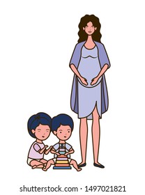 cute pregnancy mother with little kids characters