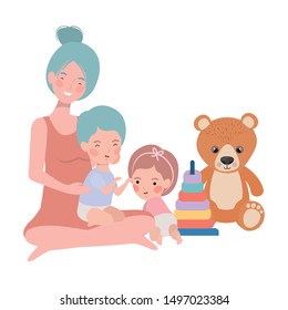 cute pregnancy mother with little kids characters