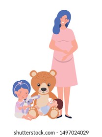 cute pregnancy mother with little kids characters