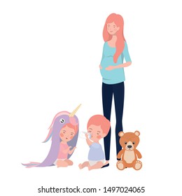 cute pregnancy mother with little kids characters