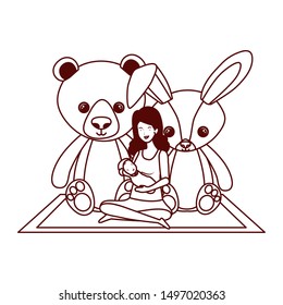 cute pregnancy mother seated lifting little baby characters