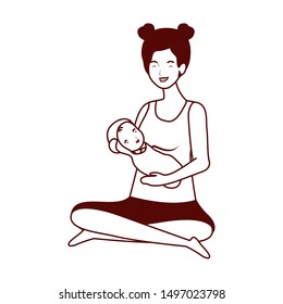 cute pregnancy mother seated lifting little baby characters