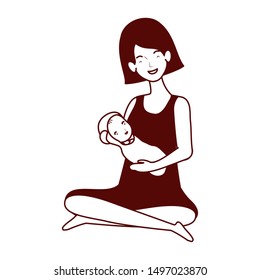 cute pregnancy mother seated lifting little baby characters