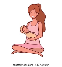 cute pregnancy mother seated lifting little baby characters