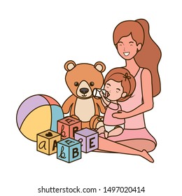 cute pregnancy mother seated with little girl characters