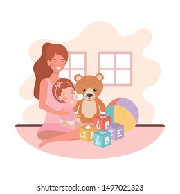 cute pregnancy mother seated with little girl characters