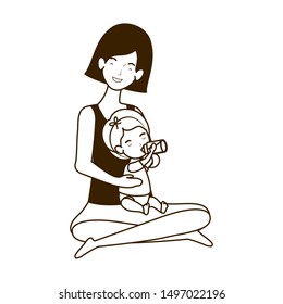 cute pregnancy mother seated with little girl characters