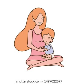 cute pregnancy mother seated with little boy characters