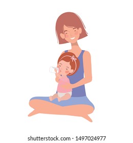 cute pregnancy mother seated with little girl characters