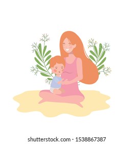cute pregnancy mother seated with little boy characters vector illustration design