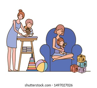 cute pregnancy mothers with little babies in livingroom