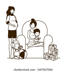 cute pregnancy mothers with little babies in livingroom