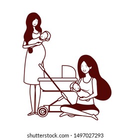 cute pregnancy mothers with little babies characters