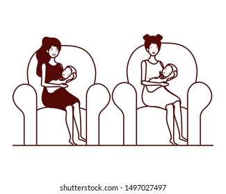 cute pregnancy mothers with little babies in livingroom