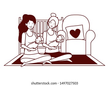 cute pregnancy mothers with little babies in livingroom