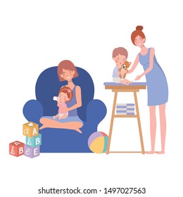 cute pregnancy mothers with little babies in livingroom