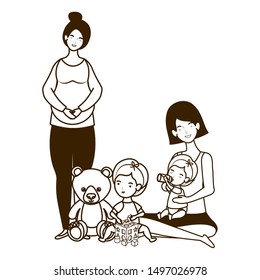 cute pregnancy mothers seated lifting little babies characters