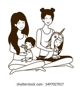 cute pregnancy mothers seated lifting little babies characters