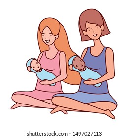 cute pregnancy mothers seated lifting little babies characters
