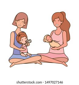 cute pregnancy mothers seated lifting little babies characters