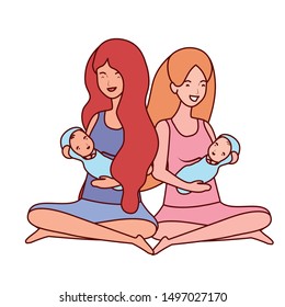 cute pregnancy mothers seated lifting little babies characters