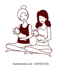 cute pregnancy mothers seated lifting little babies characters
