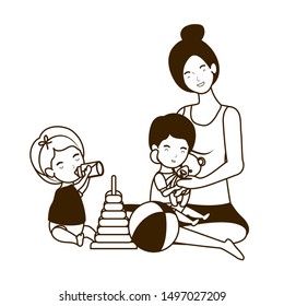 cute pregnancy mothers seated lifting little babies characters