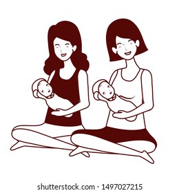 cute pregnancy mothers seated lifting little babies characters