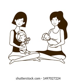 cute pregnancy mothers seated lifting little babies characters