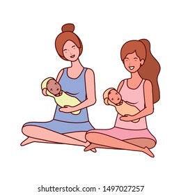 cute pregnancy mothers seated lifting little babies characters