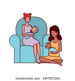 cute pregnancy mothers seated lifting little babies in the bedroom