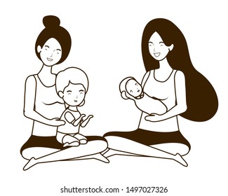 cute pregnancy mothers seated lifting little babies characters