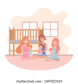 cute pregnancy mothers seated lifting babies in the room