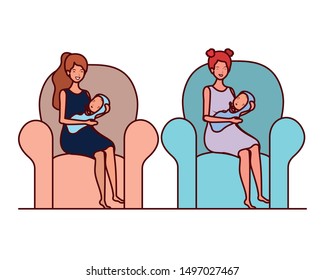 cute pregnancy mothers seated lifting little babies in the bedroom