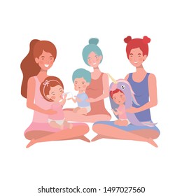 cute pregnancy mothers seated lifting little babies characters