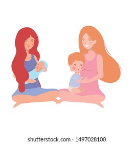 cute pregnancy mothers seated lifting little babies characters