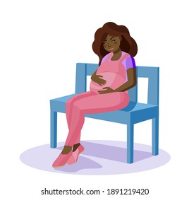 Cute pregnant African American woman sitting on a bench. A pregnant black woman is isolated on a white background. Vector illustration in flat style. Cartoon style, health, pregnancy.