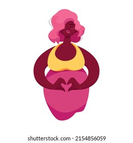 Cute pregnant African American woman shows heart sign. Concept of happy motherhood and pregnancy in a cartoon style. Flat vector illustration isolated on white background.