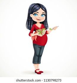 Cute pregnant brunette woman eating fresh salad from transparent salad bowl isolated on white background