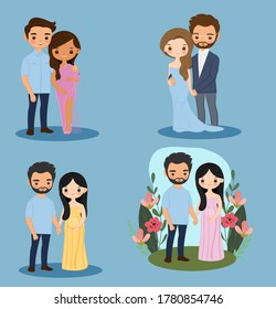 cute pregnant couple cartoon character set