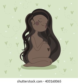 Cute pregnant dark-skinned woman on green background with hearts. Waiting for baby vector illustration.