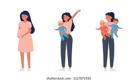 Cute pregnant girl. A happy girl with children. A mother with many children. The children are twins. The concept of pregnancy and the postpartum period of a woman. Vector illustration for printing.