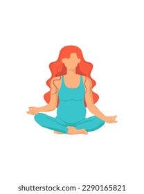 cute pregnant girl in lotus pose with red hair meditating, on white background. vector.