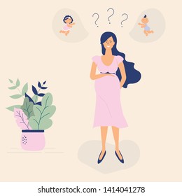 Cute pregnant girl in pink dress.Flat Funky Figures style.Decorated beautiful leaves,polka dots and heart.Vector illustration.For advertising, logo, leaflets,booklets,flyers