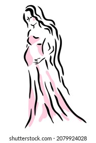 Cute pregnant girl in a pink long dress with wavy hair strokes her belly with hand. Beautiful woman in black line style art isolated on white background. Vector illustration.