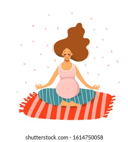 Cute pregnant girl practices yoga. A woman sits in a lotus position on a rug. Health and calm during pregnancy. Flat vector illustration