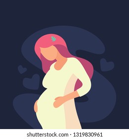 Cute pregnant girl, simple flat illustration vector in black background