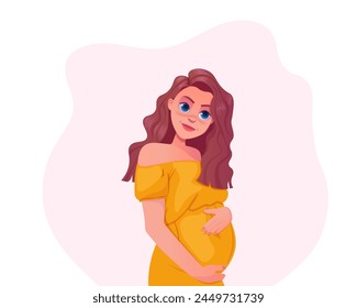 Cute Pregnant Girl Vector Illustration. Beautiful woman hugs her belly. Cartoon maternity concept character design