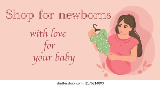 Cute pregnant mom banner for baby clothes store, online shopping, kids fashion social media promotion, web advertisement, website template and fair. Flat vector illustration